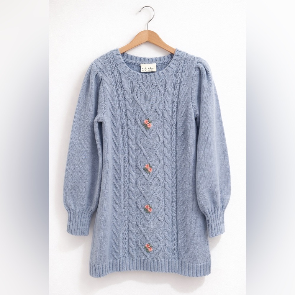 Nicole Miller NY Girls Sweater Dress Size 6 Blue Cable Knit Floral